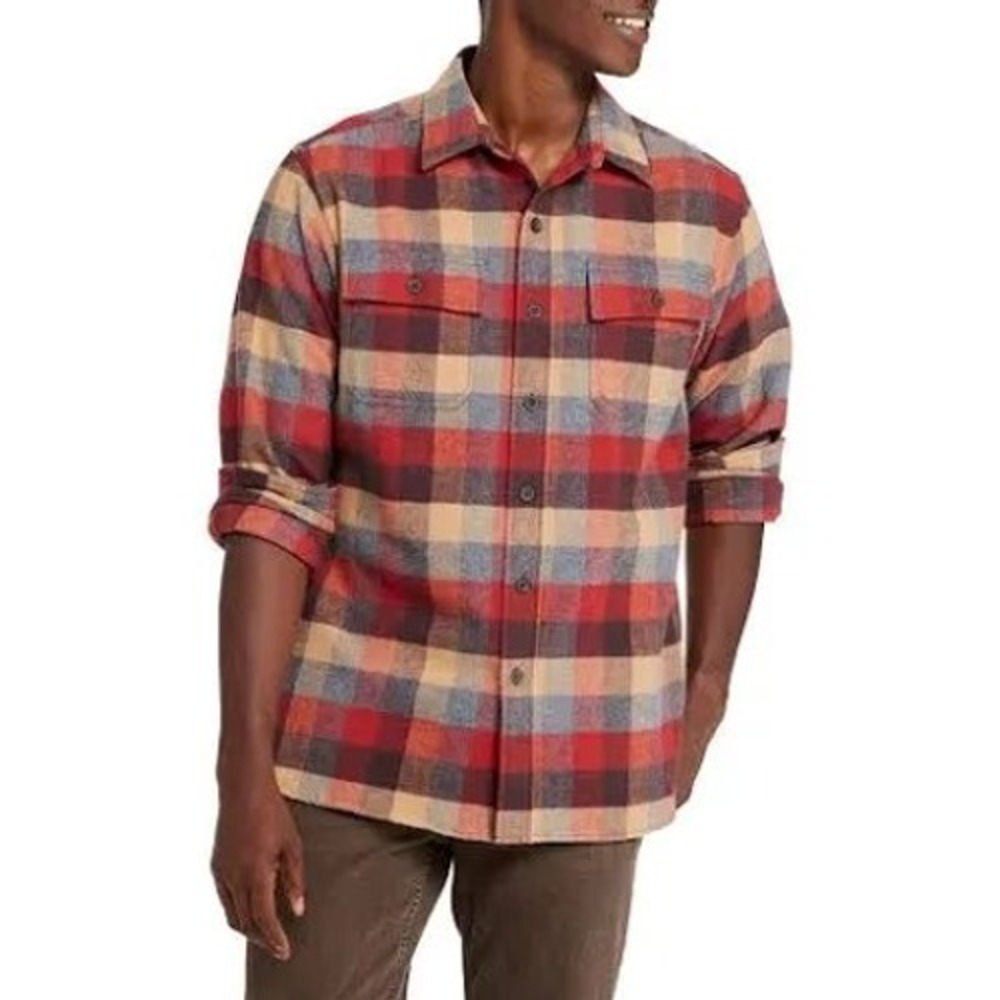 LL Bean Mens Large Tall Traditional Fit Flannel Shirt Plaid Red Orange‎ 277982